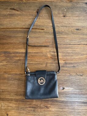 Michael Kors Black Leather Crossbody with Gold MK Emblem